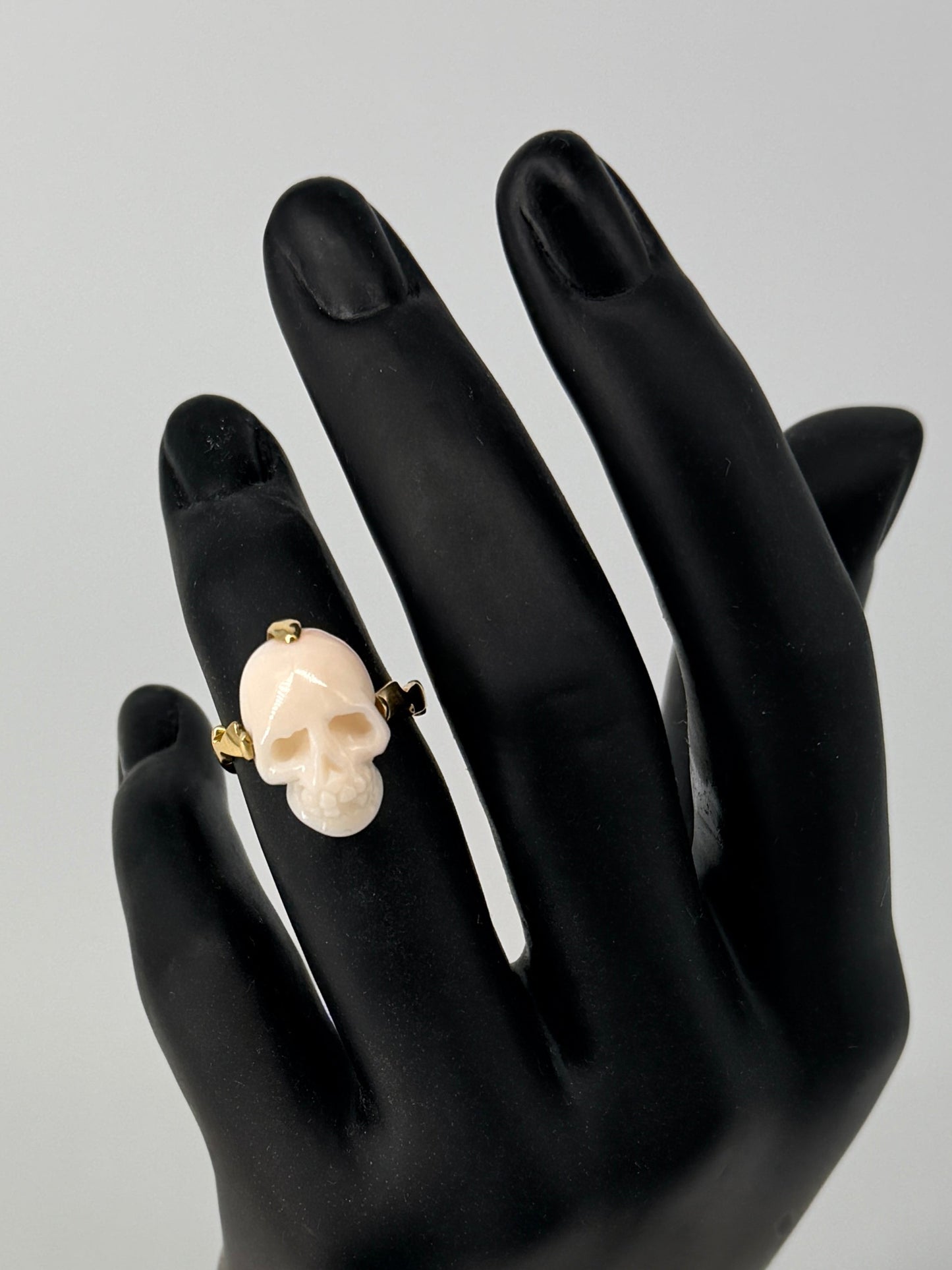 BLUSH PALE CORAL COCKTAIL RING IN 18K WITH LIGHTNING BOLT BAND DESIGN. 