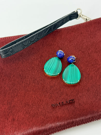 SHAH AND SHAH MALACHITE AND LAPIS EARRINGS ON HAIRCALF WALLACE POUCH