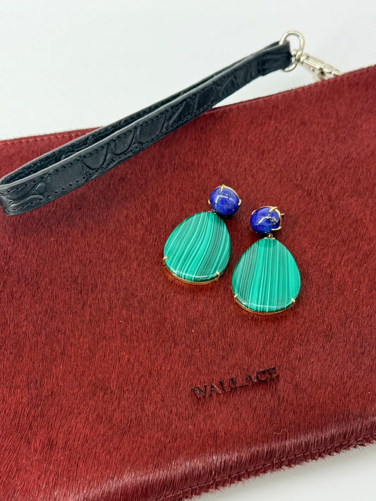 SHAH AND SHAH MALACHITE AND LAPIS EARRINGS ON HAIRCALF WALLACE POUCH